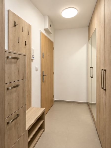 Flur in einer 2-Zimmer-Wohnung mit Einbauschränken und Garderobe in hellem Holzdekor.