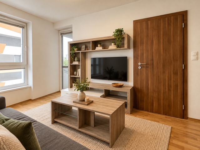 Wohnzimmer in einer 2-Zimmer-Wohnung mit Holzboden, Möbeln und Fernseher.