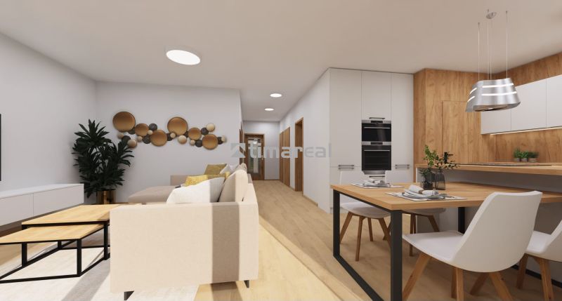 Wohnzimmer mit Küche in einem Einfamilienhaus. Boden mit Holzdekor, dekorative Elemente.