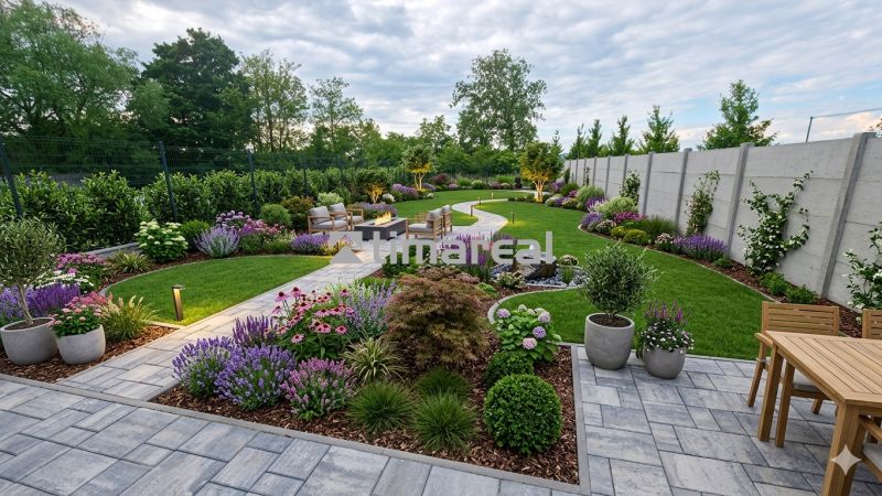 Der Garten des Einfamilienhauses in Hôrka nad Váhom mit gepflegten Beeten, einem Gehweg und einer Außensitzgelegenheit.