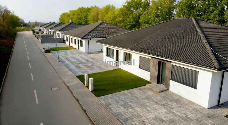 Reihenhaus in Hôrka nad Váhom mit gepflasterter Zufahrt und gepflegtem Rasen.