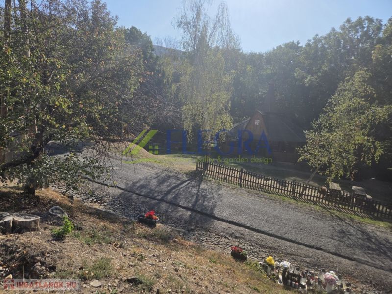 Das friedliche Äußere eines Einfamilienhauses in Hejce mit gepflegtem Garten und befestigter Straße.