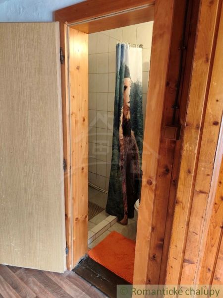Badezimmer in der Hütte mit einem Türrahmen aus Holz und einem orangefarbenen Teppich.