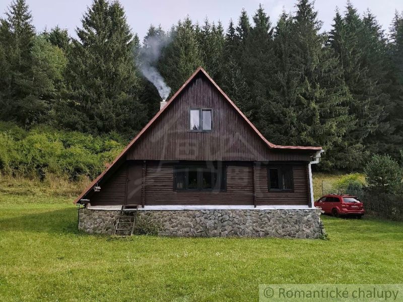 Eine Hütte in Rajecká Lesná, umgeben von Wald, mit einem Auto auf der Grasfläche.