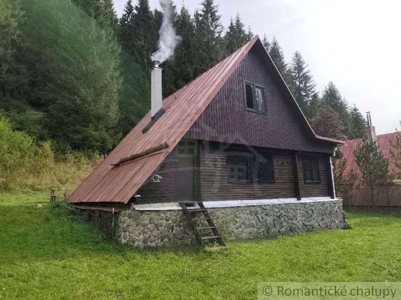 Eine Hütte in Rajecká Lesná, umgeben von Wald, mit Rauch aus dem Schornstein.