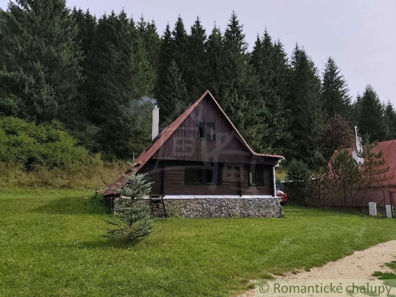 Eine Hütte in Rajecká Lesná, umgeben von Wäldern und einer grünen Wiese.