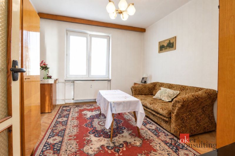 Wohnzimmer in einer Zweizimmerwohnung mit Teppich und Sofa, Boden mit Holzdekor.