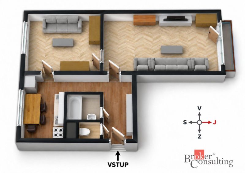 Grundriss einer 2-Zimmer-Wohnung mit Holzboden und ausgestatteter Küche.