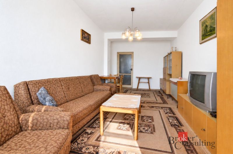 Wohnzimmer mit braunem Sofa, Couchtisch und Fernseher in einer Zweizimmerwohnung.