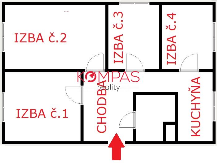 Grundriss einer 3-Zimmer-Wohnung mit Flur und Küche.