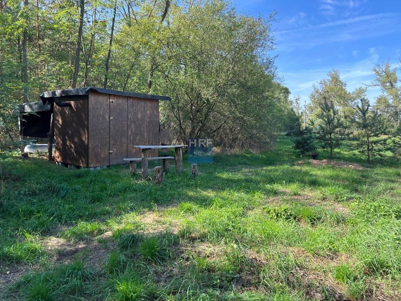 Gärten in Kopčany mit einem Holzunterstand, umgeben von Bäumen und grünem Gras.