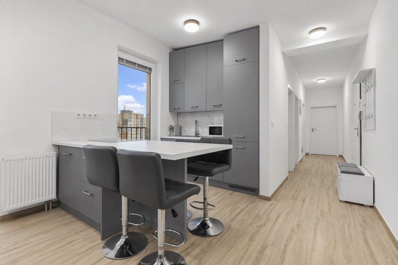 Küche in einer 2-Zimmer-Wohnung mit Bar, grauen Schränken und einem Boden in Holzoptik.