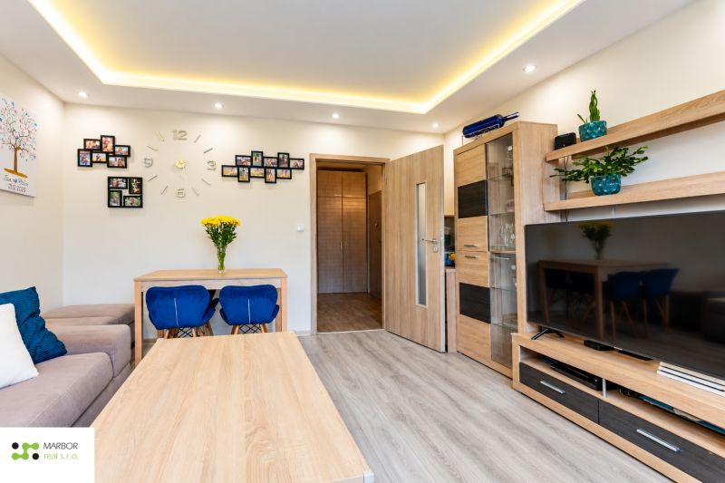 Innenraum einer 3-Zimmer-Wohnung mit Holzboden, Fernseher und Esstisch.
