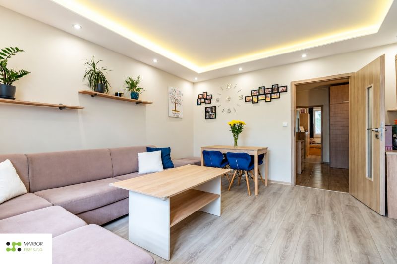 Wohnzimmer in einer 3-Zimmer-Wohnung mit Sofa, Tisch und Holzboden.