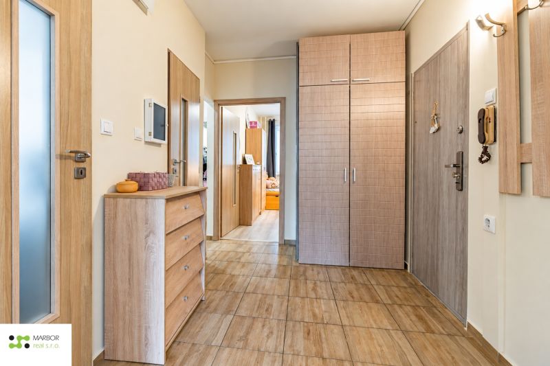 Eingangsbereich in einer 3-Zimmer-Wohnung, helle Holztüren und Boden mit Holzdekor.