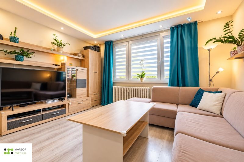 Wohnzimmer mit Sofa, Fernseher und Holzboden in einer 3-Zimmer-Wohnung.