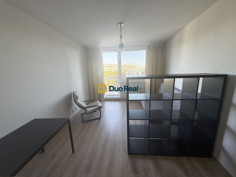 Einzimmerwohnung mit Holzboden, Trennregal, Sessel und Tisch.