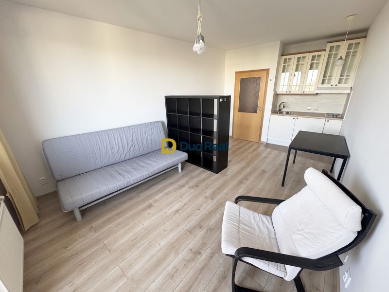 Einzimmerwohnung mit Sofa, Sessel und Küchenzeile auf einem Boden mit Holzdekor.