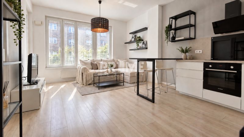 Wohnzimmer mit Küche, Sofa und Holzboden in einer Zweizimmerwohnung.