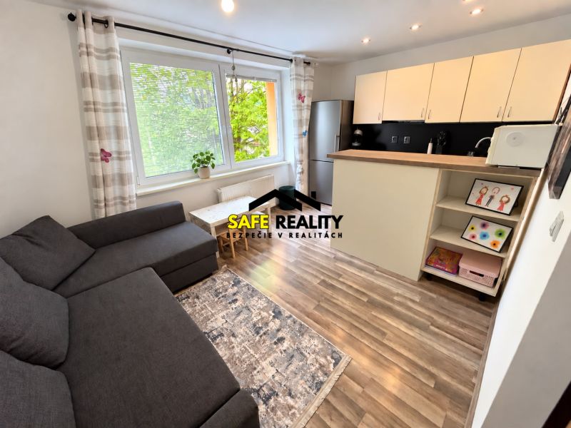 Helles Wohnzimmer in einer Einzimmerwohnung mit Holzboden und Kochnische.