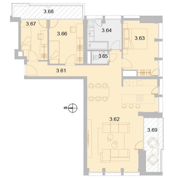 Grundriss einer Wohnung mit zwei Schlafzimmern, Wohnzimmer, Küche und Balkon, Wohnungsbau.