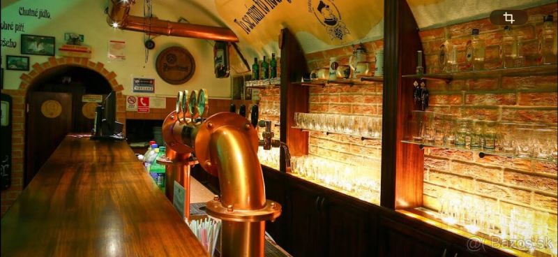 Eine Bar-Theke in gastronomischen Räumlichkeiten mit einer Ziegelwand und Messingzapfhähnen.