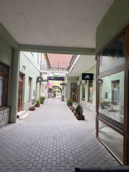 Ein Durchgang mit Geschäftsräumen in Topoľčany mit Bäumchen und Schildern an den Gebäuden.