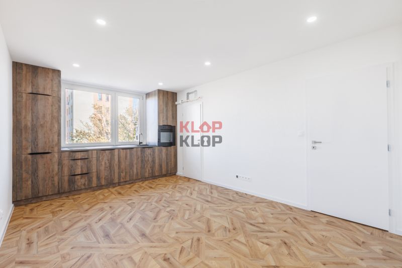 Wohnzimmer in einer 2-Zimmer-Wohnung mit Küchenzeile und Holzboden.