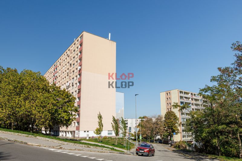 Wohnhäuser in der Adámiho-Straße in Bratislava - Karlova Ves, umgeben von Grünflächen und einer Straße.