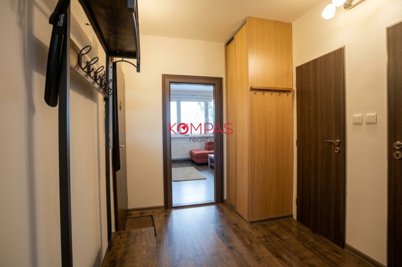 Eingangsflur einer 2-Zimmer-Wohnung mit Garderobe, Schrank und Bodenbelag in Holzoptik.
