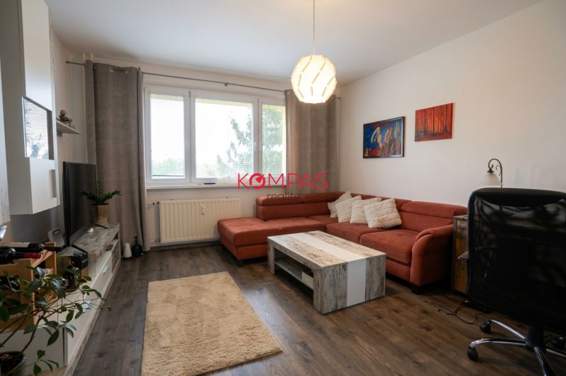 Ein helles Wohnzimmer mit einem orangefarbenen Sofa und einem Boden in Holzoptik in einer Zweizimmerwohnung.