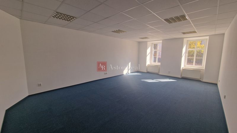 Helles, geräumiges Büro mit blauem Teppichboden und weißen Wänden.