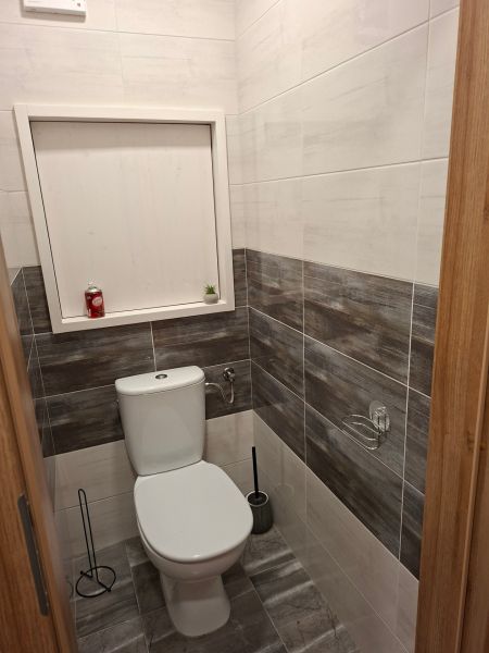 Badezimmer in einer Einzimmerwohnung mit Toilette, gefliest in dunkleren Tönen.