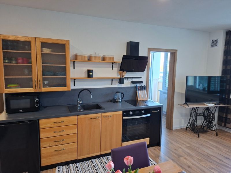 Küche in einer Einzimmerwohnung mit Holzschränken und einem Boden in Holzoptik.