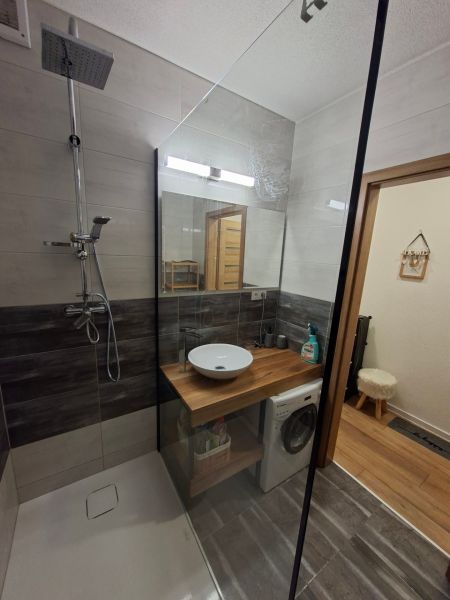 Badezimmer mit Waschbecken, Duschkabine und Waschmaschine in einer Einzimmerwohnung, Boden mit Holzdekor.