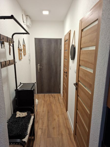 Der Flur in einer Einzimmerwohnung mit einem Boden in Holzoptik und einem Kleiderhaken.
