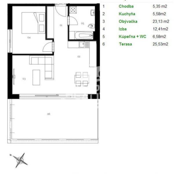 Grundriss einer 2-Zimmer-Wohnung mit Terrasse und einer Küche, die mit dem Wohnzimmer verbunden ist.