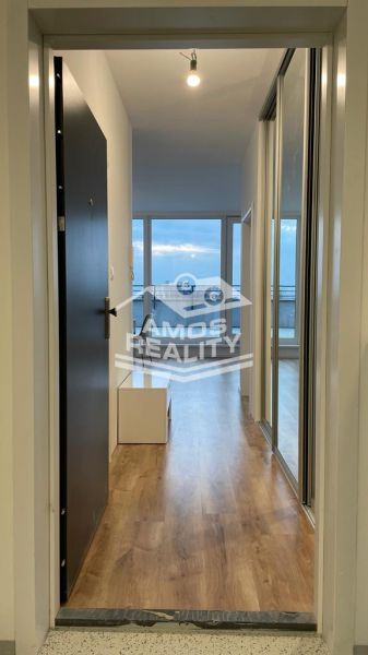 Eingangsflur in einer 2-Zimmer-Wohnung mit Holzboden und großen Fenstern.