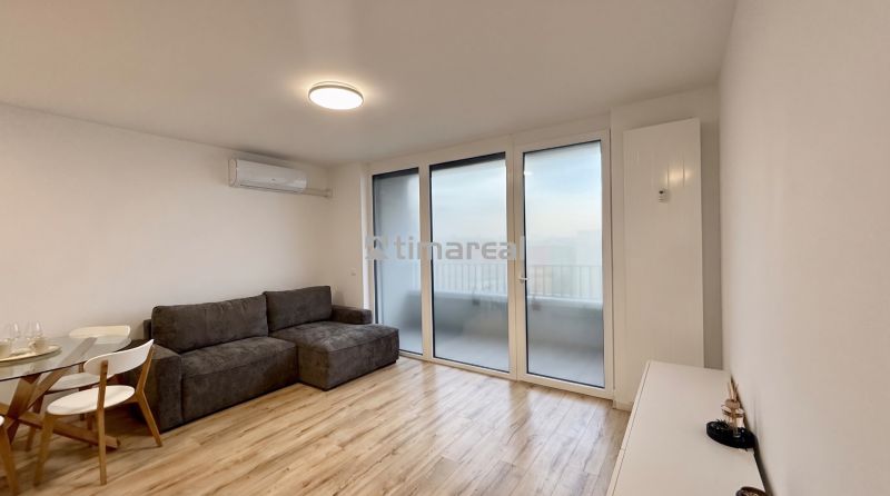 Wohnzimmer in einer Zweizimmerwohnung mit Holzboden, grauem Sofa, Glastisch.
