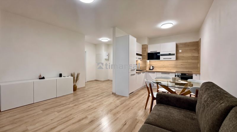 Wohnzimmer in einer 2-Zimmer-Wohnung mit Küche, Holzboden, helle Wände.