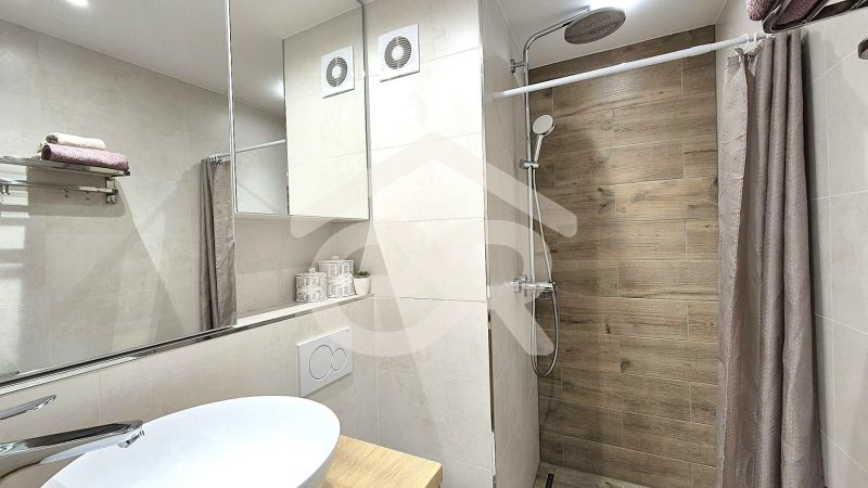 Badezimmer eines Einzimmerapartments mit großem Spiegel und Duschkabine mit Holzdekor.