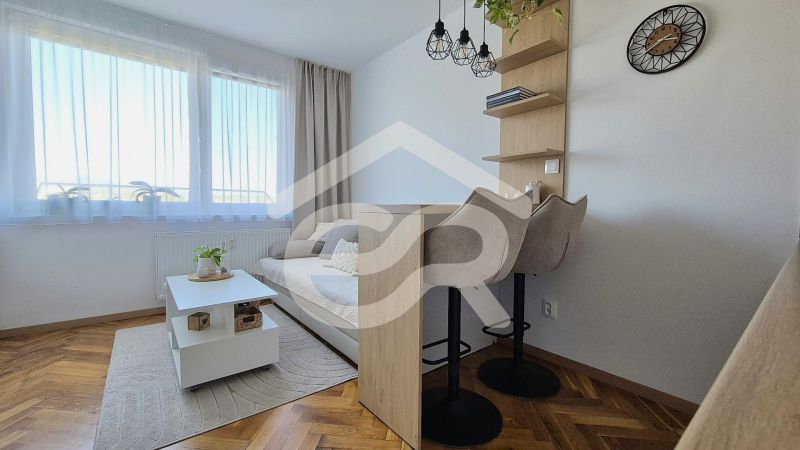 Einzimmerwohnung mit Sofa, Tisch, Barhockern und Boden in Holzoptik.