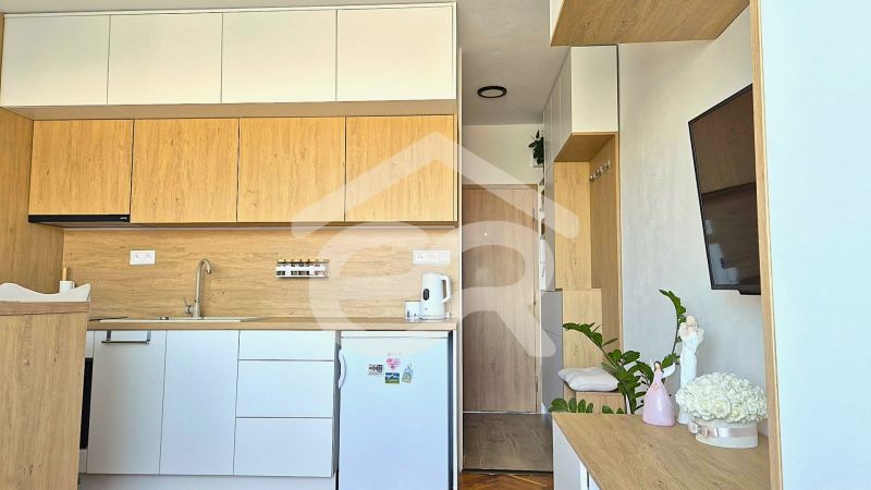 Küchenbereich eines Einzimmerapartments mit weißen und hölzernen Schränken, Fernseher und Dekorationen.