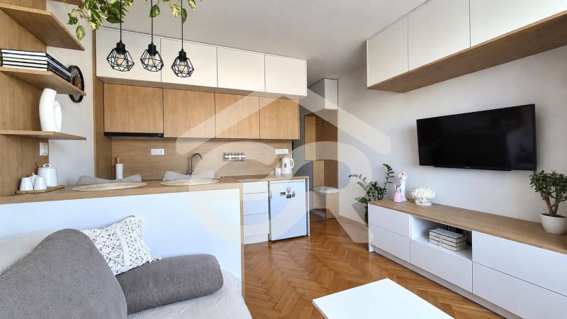 Einzimmerwohnung mit Holzboden, Küche, Fernseher und moderner Beleuchtung.