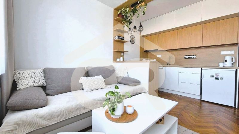 Einzimmerwohnung mit Küche, Sofa, Regalen und Boden in Holzoptik.