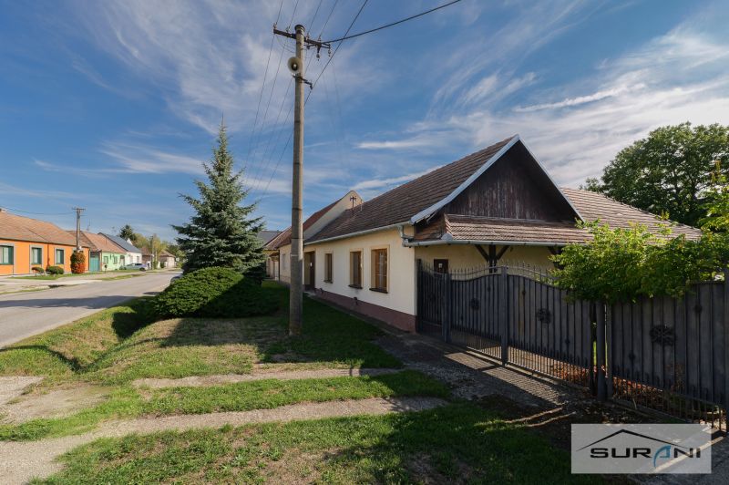 Das Einfamilienhaus in der Hauptstraße in Štefanová, bei einem Strommast und einem grünen Garten.