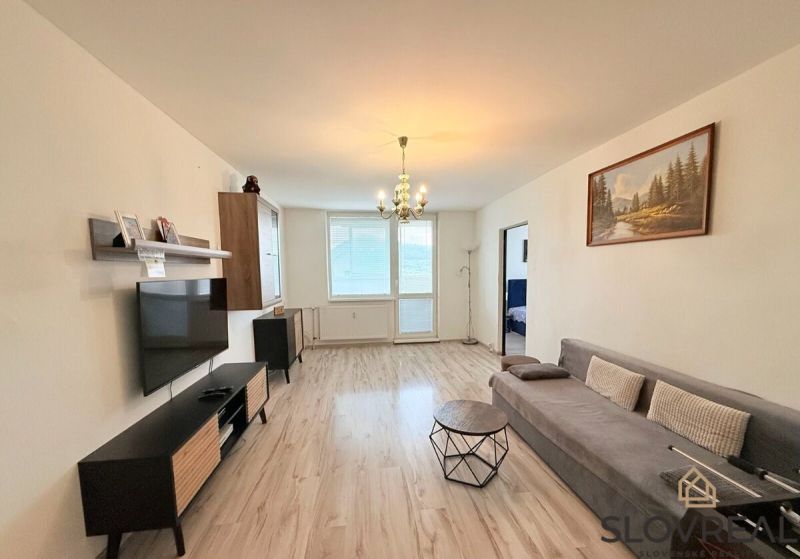 Wohnzimmer in einer 3-Zimmer-Wohnung mit Holzboden, Fernseher und Sofa.