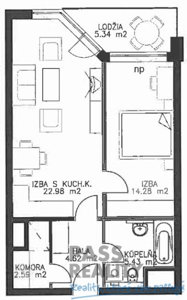 Grundriss einer 2-Zimmer-Wohnung mit Küche, Badezimmer, Abstellraum und Diele.