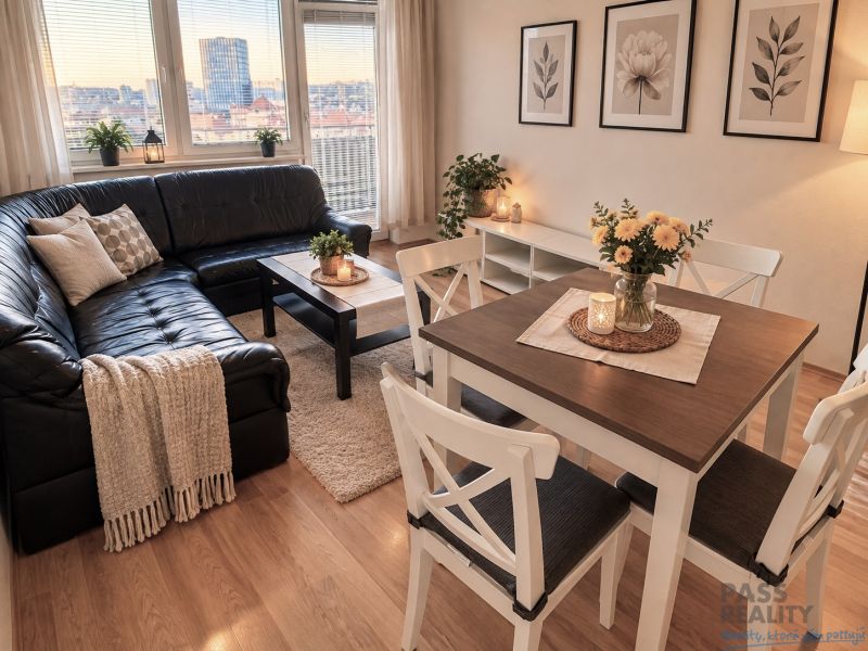 Wohnzimmer in einer 2-Zimmer-Wohnung mit Ledersofa und Holzboden.