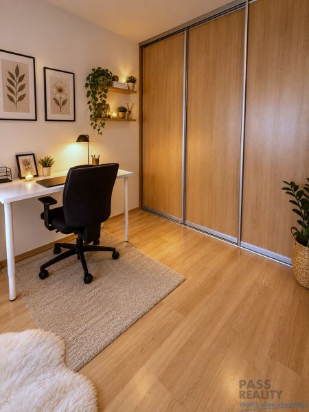 Arbeitsbereich in einer 2-Zimmer-Wohnung mit Holzboden und minimalistischer Dekoration.